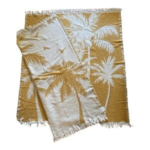 Tropical Palm Tree Throw Blanket Set of 2 - Mustard Yellow Gold and White Cream